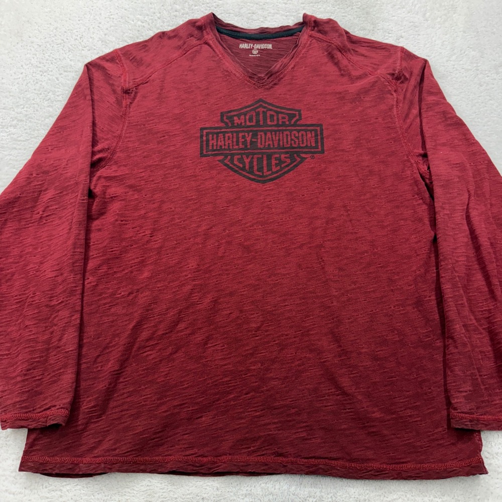 Harley-Davidson Mens 2XL Burgundy Slub Knit‎ Long Sleeve V-Neck Graphic T-Shirt